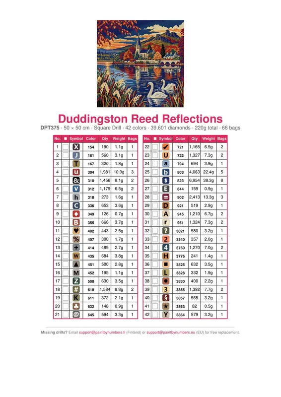 Duddingston Reed Reflections timanttimaalauksen värikartta – 42 DMC-väriä