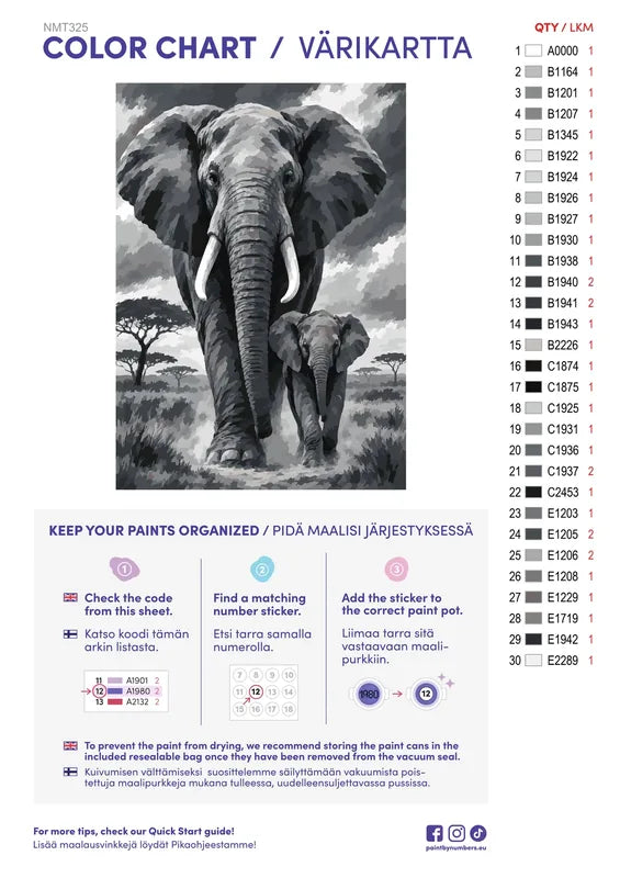 Numeromaalaus: Värikartta ja ohjeet - Elephant in Ink 50x70cm