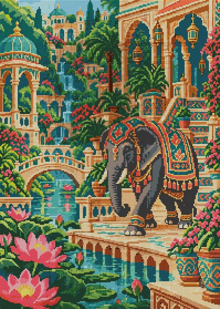 Elephant through the Lotus Palace, 50x70 cm timanttimaalaus – koko kuvion esikatselu ilman lähikuvaa