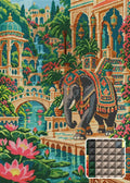 Thumbnail for Elephant through the Lotus Palace, 50x70 cm timanttimaalaus – lopullisen kuvion esikatselu ja lähikuva neliönmuotoisista timanteista