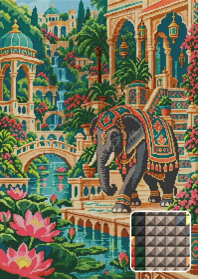 Elephant through the Lotus Palace, 50x70 cm timanttimaalaus – lopullisen kuvion esikatselu ja lähikuva neliönmuotoisista timanteista