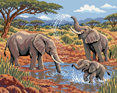 Elephants at the Clay Waterhole, 50x40 cm timanttimaalaus – lopullisen kuvion esikatselu