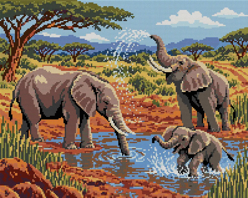 Elephants at the Clay Waterhole, 50x40 cm timanttimaalaus – koko kuvion esikatselu ilman lähikuvaa