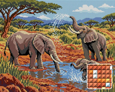 Elephants at the Clay Waterhole, 50x40 cm timanttimaalaus – lopullisen kuvion esikatselu ja lähikuva neliönmuotoisista timanteista