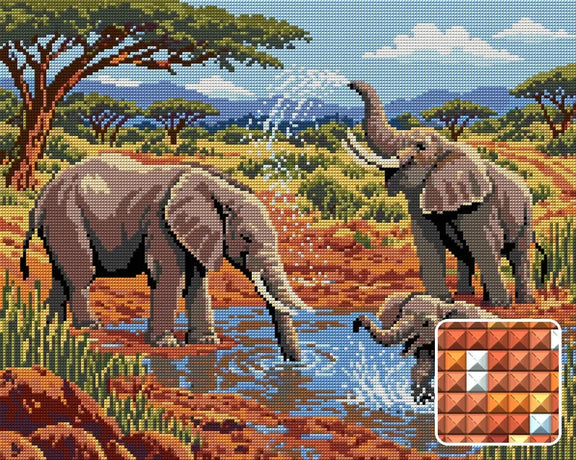 Elephants at the Clay Waterhole, 50x40 cm timanttimaalaus – lopullisen kuvion esikatselu ja lähikuva neliönmuotoisista timanteista