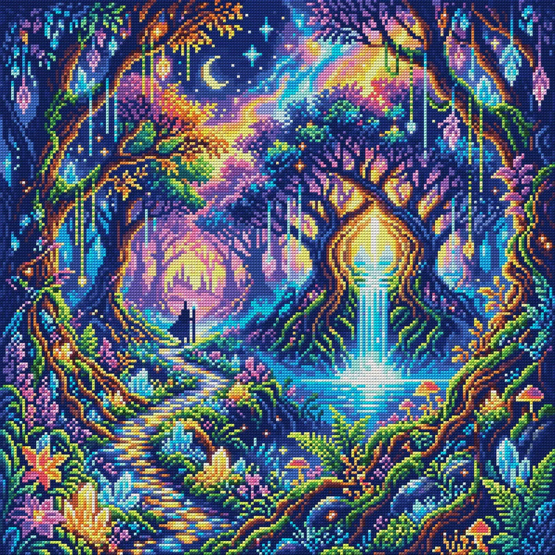 Enchanted Crystal Forest Waterfall, 50x50 cm timanttimaalaus – koko kuvion esikatselu ilman lähikuvaa