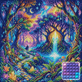 Thumbnail for Enchanted Crystal Forest Waterfall, 50x50 cm timanttimaalaus – lopullisen kuvion esikatselu ja lähikuva neliönmuotoisista timanteista