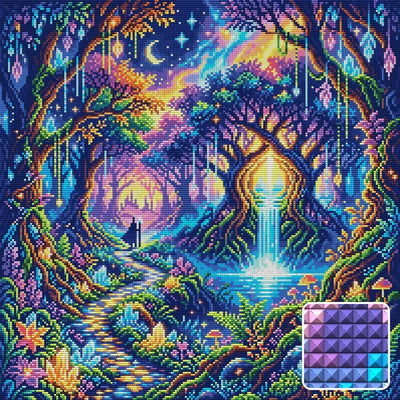 Enchanted Crystal Forest Waterfall, 50x50 cm timanttimaalaus – lopullisen kuvion esikatselu ja lähikuva neliönmuotoisista timanteista