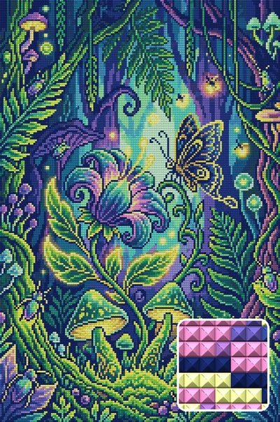 Enchanted Forest Butterfly, 40x60 cm timanttimaalaus – lopullisen kuvion esikatselu ja lähikuva neliönmuotoisista timanteista