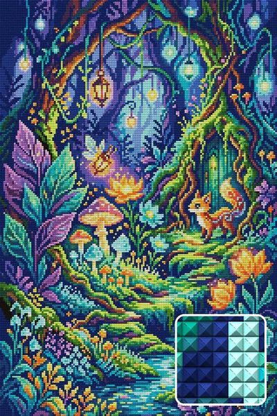 Enchanted Forest Fairy Encounter, 40x60 cm timanttimaalaus – lopullisen kuvion esikatselu ja lähikuva neliönmuotoisista timanteista