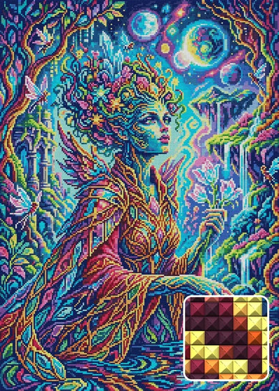Enchanted Forest Fairy Queen, 50x70 cm timanttimaalaus – lopullisen kuvion esikatselu ja lähikuva neliönmuotoisista timanteista