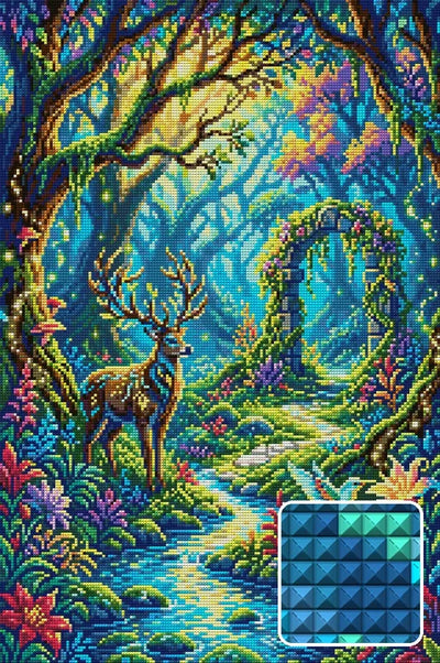 Enchanted Forest Gateway, 40x60 cm timanttimaalaus – lopullisen kuvion esikatselu ja lähikuva neliönmuotoisista timanteista