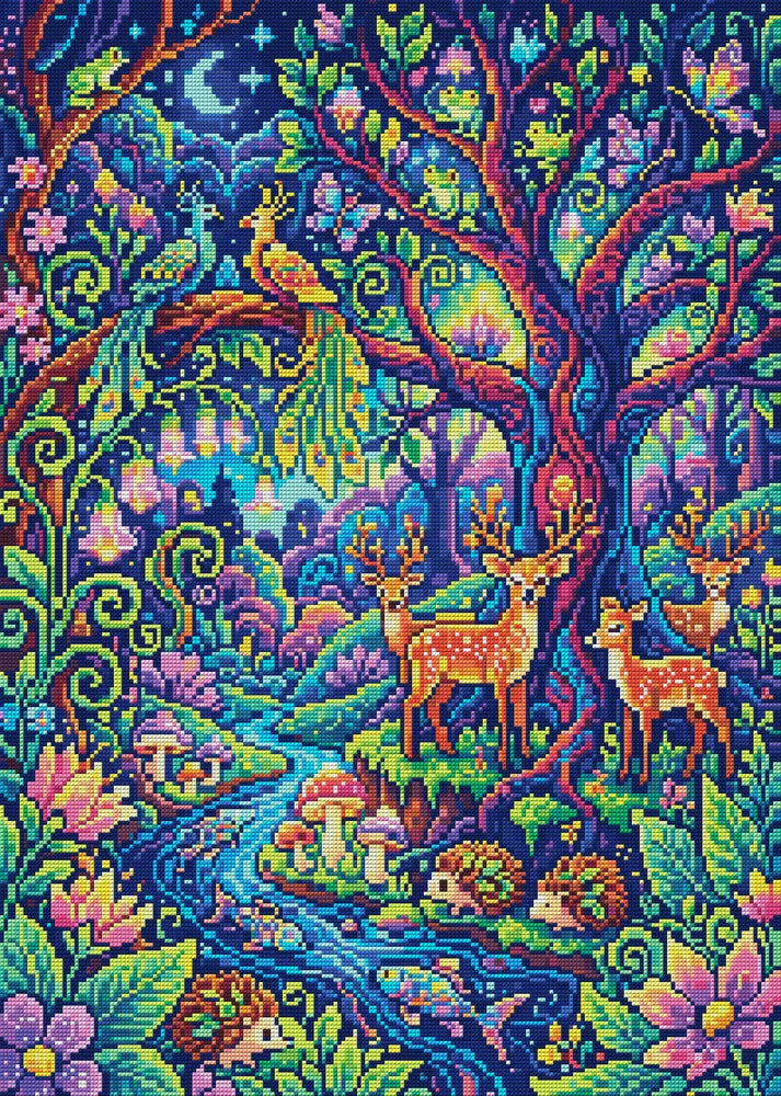 Enchanted Forest Nightlife, 50x70 cm timanttimaalaus – koko kuvion esikatselu ilman lähikuvaa