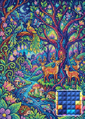 Thumbnail for Enchanted Forest Nightlife, 50x70 cm timanttimaalaus – lopullisen kuvion esikatselu ja lähikuva neliönmuotoisista timanteista