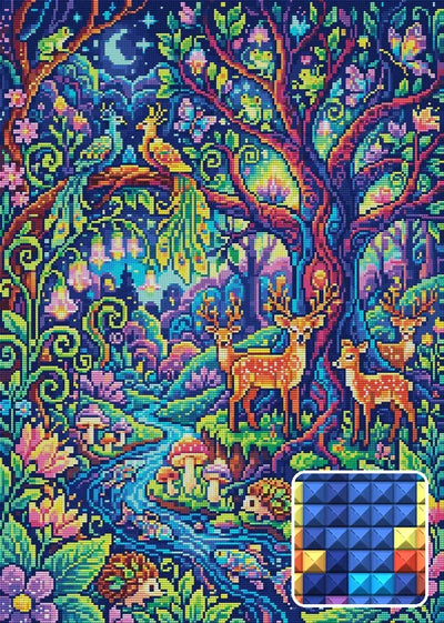 Enchanted Forest Nightlife, 50x70 cm timanttimaalaus – lopullisen kuvion esikatselu ja lähikuva neliönmuotoisista timanteista