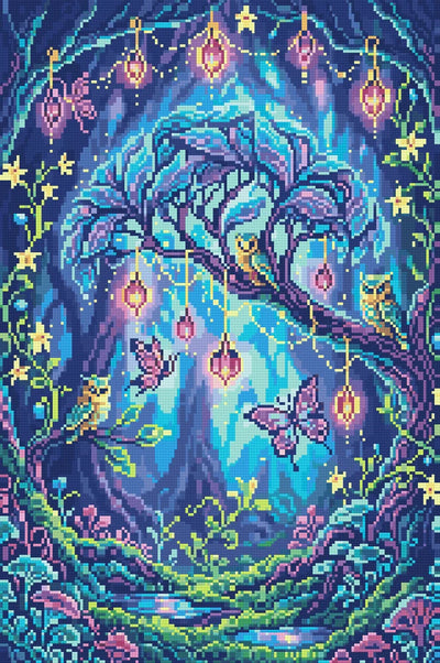 Enchanted Forest Owls and Butterflies, 40x60 cm timanttimaalaus – lopullisen kuvion esikatselu