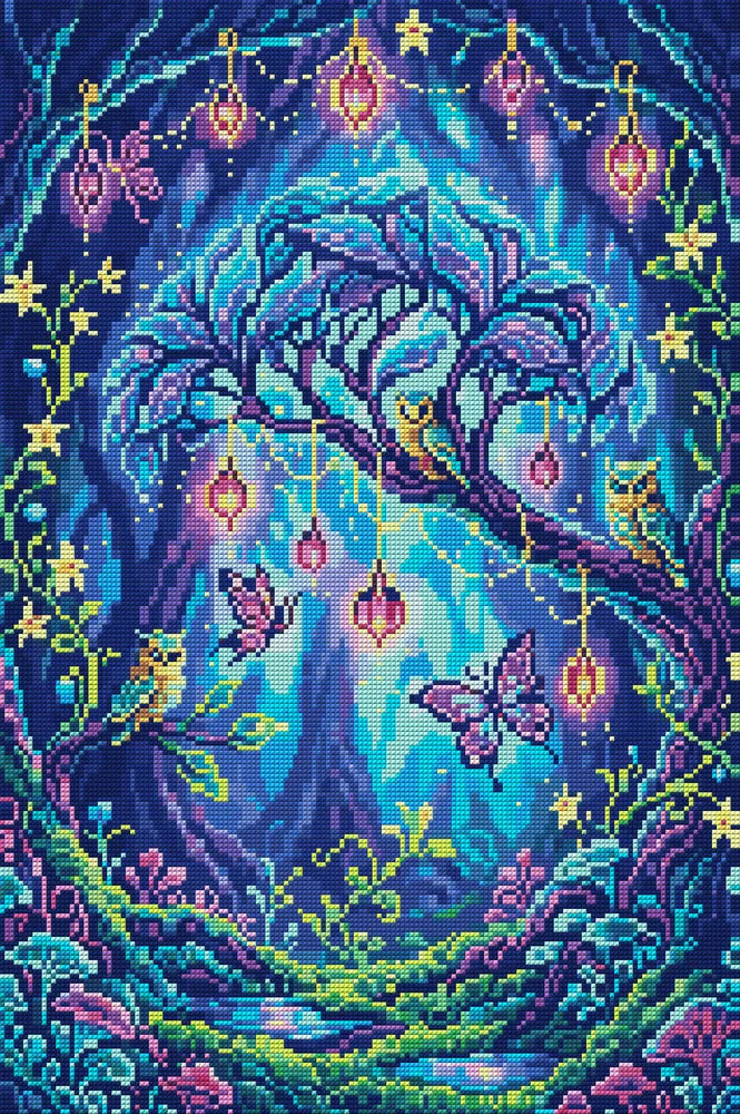 Enchanted Forest Owls and Butterflies, 40x60 cm timanttimaalaus – koko kuvion esikatselu ilman lähikuvaa