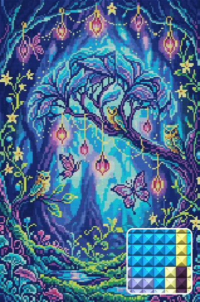 Enchanted Forest Owls and Butterflies, 40x60 cm timanttimaalaus – lopullisen kuvion esikatselu ja lähikuva neliönmuotoisista timanteista