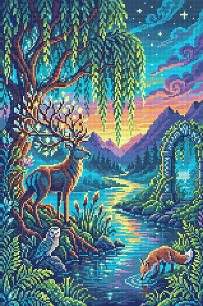 Enchanted Forest Twilight Scene, 40x60 cm timanttimaalaus – lopullisen kuvion esikatselu