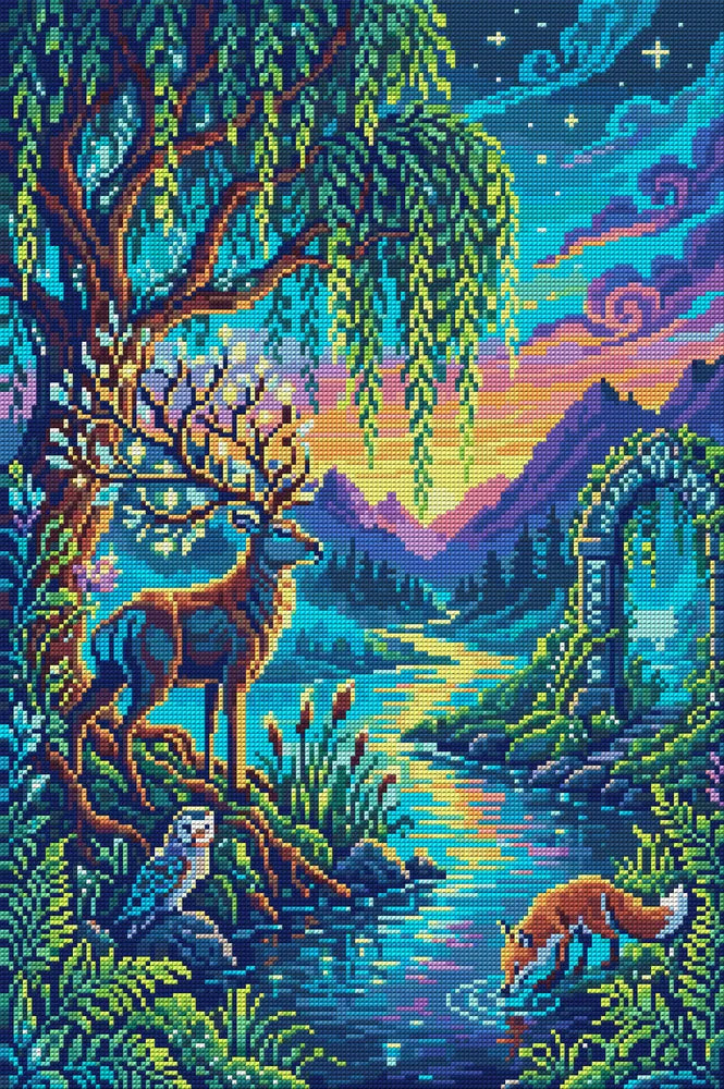 Enchanted Forest Twilight Scene, 40x60 cm timanttimaalaus – koko kuvion esikatselu ilman lähikuvaa
