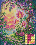 Thumbnail for Enchanted Garden Pathway, 40x50 cm timanttimaalaus – lopullisen kuvion esikatselu ja lähikuva neliönmuotoisista timanteista