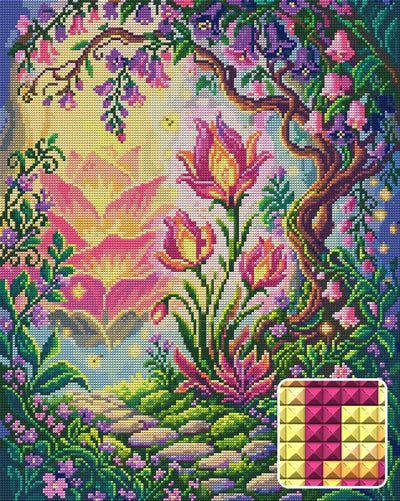 Enchanted Garden Pathway, 40x50 cm timanttimaalaus – lopullisen kuvion esikatselu ja lähikuva neliönmuotoisista timanteista