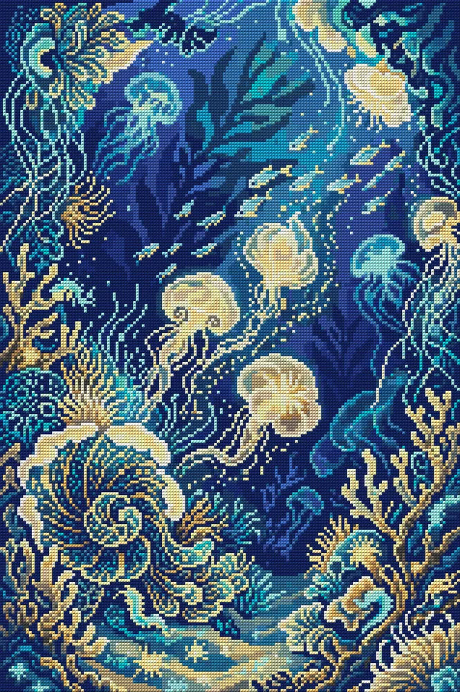Enchanted Jellyfish Reef, 40x60 cm timanttimaalaus – koko kuvion esikatselu ilman lähikuvaa