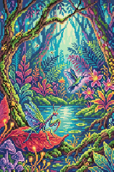Enchanted Jungle Pond Scene, 40x60 cm timanttimaalaus – lopullisen kuvion esikatselu