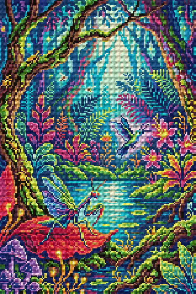 Enchanted Jungle Pond Scene, 40x60 cm timanttimaalaus – koko kuvion esikatselu ilman lähikuvaa