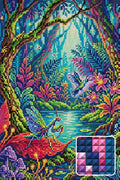 Thumbnail for Enchanted Jungle Pond Scene, 40x60 cm timanttimaalaus – lopullisen kuvion esikatselu ja lähikuva neliönmuotoisista timanteista