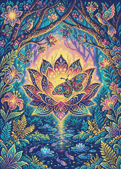 Enchanted Lotus Forest, 50x70 cm timanttimaalaus – lopullisen kuvion esikatselu