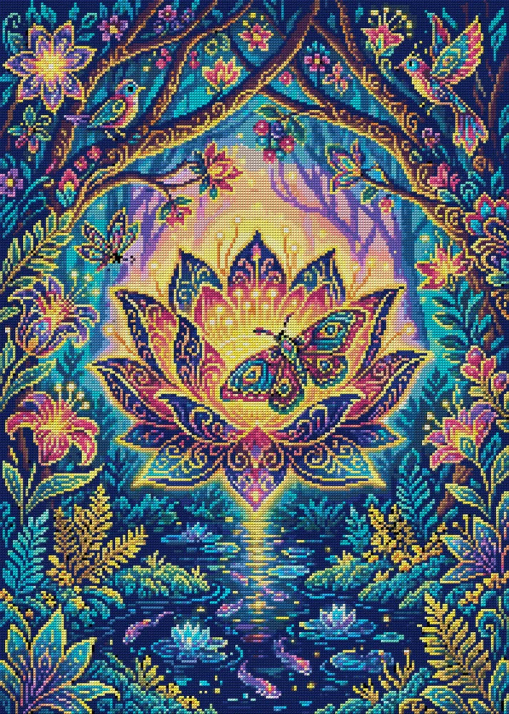 Enchanted Lotus Forest, 50x70 cm timanttimaalaus – koko kuvion esikatselu ilman lähikuvaa