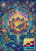 Thumbnail for Enchanted Lotus Forest, 50x70 cm timanttimaalaus – lopullisen kuvion esikatselu ja lähikuva neliönmuotoisista timanteista