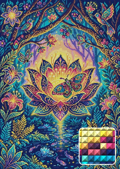 Enchanted Lotus Forest, 50x70 cm timanttimaalaus – lopullisen kuvion esikatselu ja lähikuva neliönmuotoisista timanteista