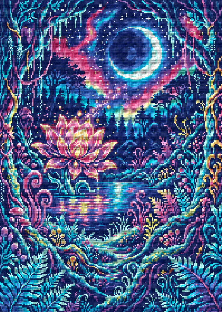 Enchanted Lotus Moonlit Forest, 50x70 cm timanttimaalaus – koko kuvion esikatselu ilman lähikuvaa