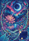 Thumbnail for Enchanted Lotus Moonlit Forest, 50x70 cm timanttimaalaus – lopullisen kuvion esikatselu ja lähikuva neliönmuotoisista timanteista