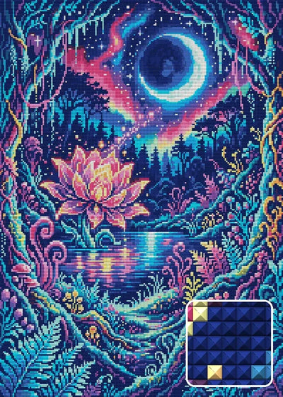 Enchanted Lotus Moonlit Forest, 50x70 cm timanttimaalaus – lopullisen kuvion esikatselu ja lähikuva neliönmuotoisista timanteista