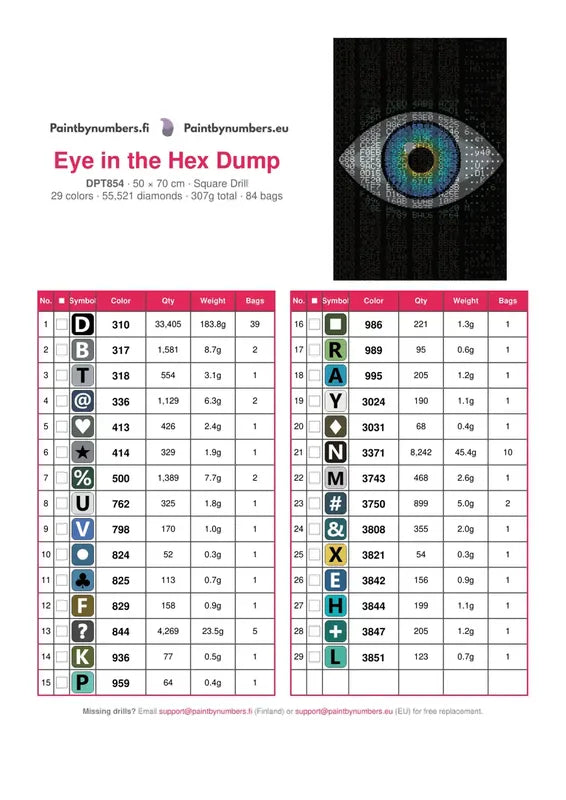 Eye in the Hex Dump timanttimaalauksen värikartta – 29 DMC-väriä