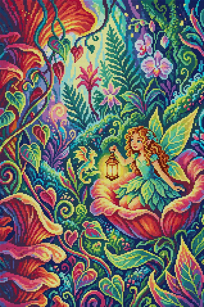 Fairy Girl in Enchanted Forest, 40x60 cm timanttimaalaus – koko kuvion esikatselu ilman lähikuvaa