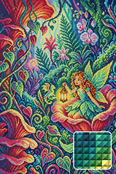 Fairy Girl in Enchanted Forest, 40x60 cm timanttimaalaus – lopullisen kuvion esikatselu ja lähikuva neliönmuotoisista timanteista