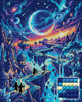 Thumbnail for Fantasy Cosmic Landscape Adventure, 40x50 cm timanttimaalaus – lopullisen kuvion esikatselu ja lähikuva neliönmuotoisista timanteista