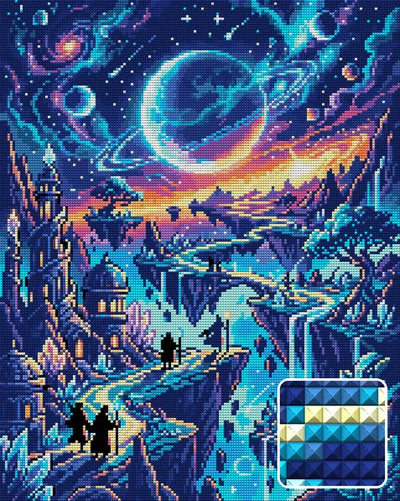 Fantasy Cosmic Landscape Adventure, 40x50 cm timanttimaalaus – lopullisen kuvion esikatselu ja lähikuva neliönmuotoisista timanteista