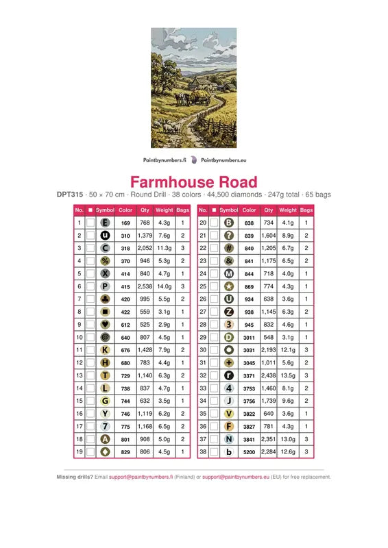 Farmhouse Road timanttimaalauksen värikartta – 38 DMC-väriä