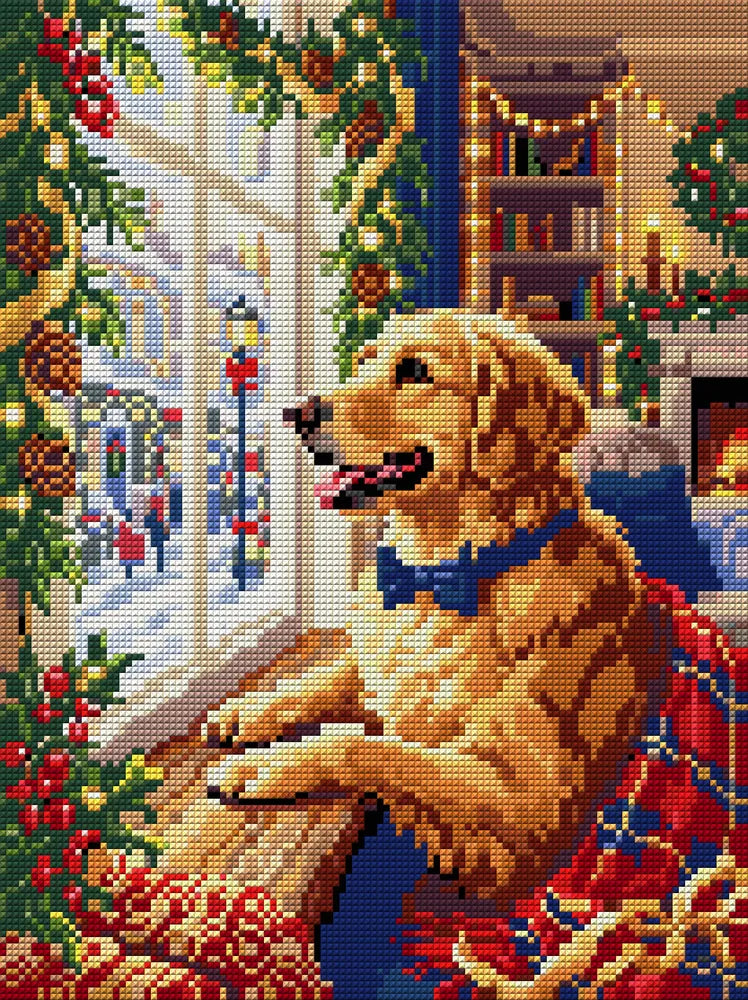 Festive Dog at Christmas Window, 30x40 cm timanttimaalaus – koko kuvion esikatselu ilman lähikuvaa