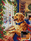 Thumbnail for Festive Dog at Christmas Window, 30x40 cm timanttimaalaus – lopullisen kuvion esikatselu ja lähikuva neliönmuotoisista timanteista