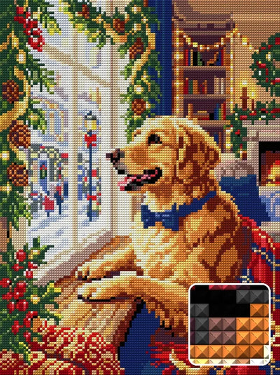 Festive Dog at Christmas Window, 30x40 cm timanttimaalaus – lopullisen kuvion esikatselu ja lähikuva neliönmuotoisista timanteista