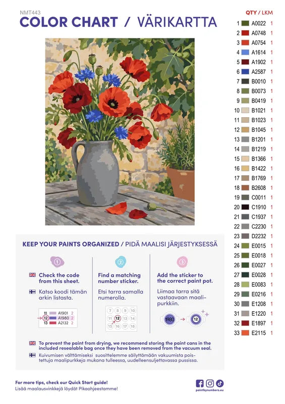 Numeromaalaus: Värikartta ja ohjeet - Field Poppies in a Stoneware Jug 40x50cm