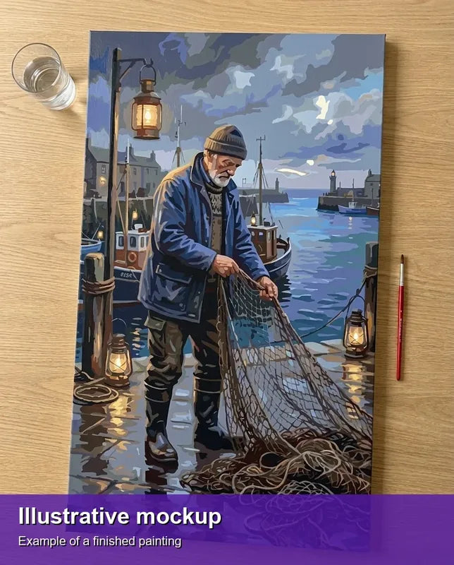 Valmiin numeromaalauksen havainnekuva - Fisherman by Harbor 40x70cm