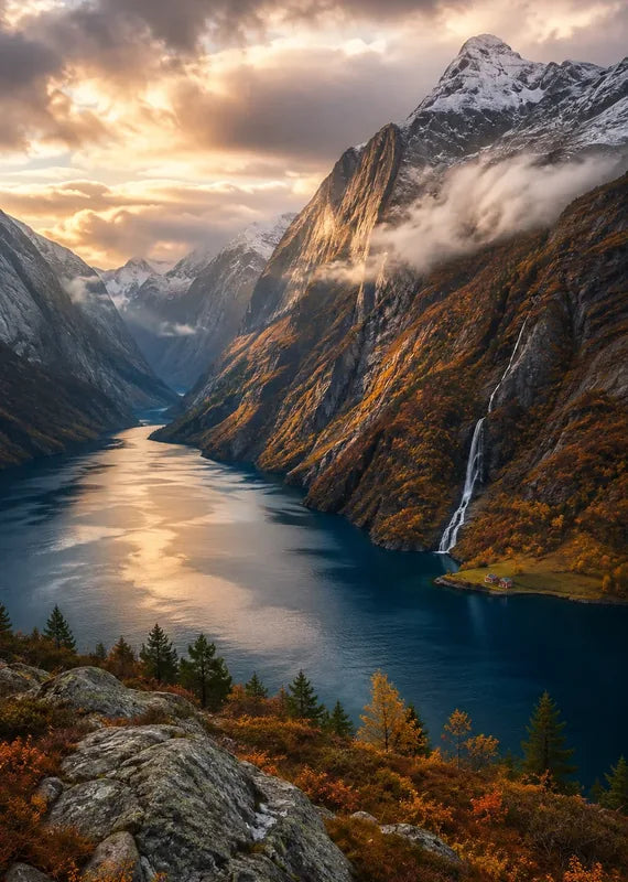 Timanttimaalaus syvästä vuonosta, kultaisista vuorista ja sinisestä vedestä auringonlaskussa.