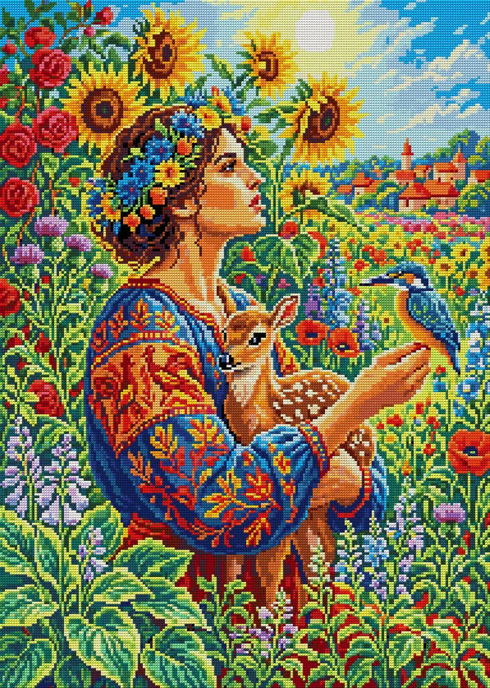 Floral Maiden With Fawn and Bird, 50x70 cm timanttimaalaus – koko kuvion esikatselu ilman lähikuvaa